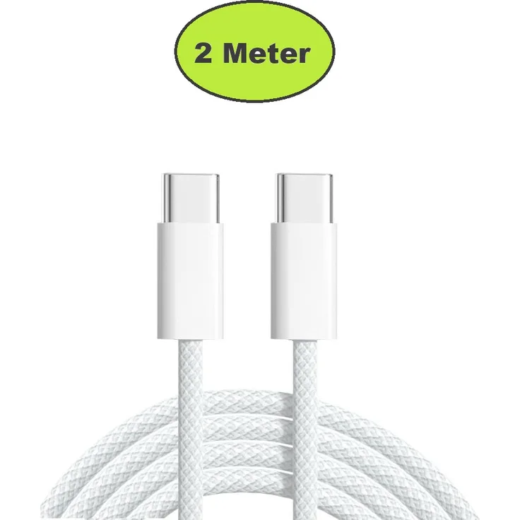 Ventarent Schnellladekabel USB-C, Weiß, 2 Meter - Gewebt, kompatibel mit Samsung Galaxy S25, S24, S23, S22, S21 Ultra und iPhone 16, 15 Pro Max, Schnellladefunktion