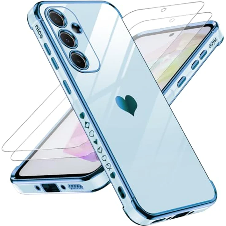 LeYi Hülle für Samsung Galaxy A35 5G, TPU Silikon Schutzhülle mit Herz Muster und 2 Schutzfolien, stoßfest, kratzfest, blau – Bild 1