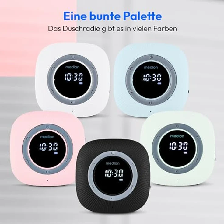 MEDION P66096 Duschradio mit Bluetooth (Badradio, UKW Radio, Saugnapf, LED-Display, IPX6 Wasserdicht, integrierter Akku, MD43884) weiß – Bild 3