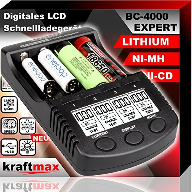 kraftmax BC-4000 EXPERT - Universal Akku Ladegerät SMART Li-Ion Technology und Innenwiderstandsmessung - für Lithium und NiMH Akkus der neuesten Generation optimiert, z.B. 18650 Akkus - Schwarz – Bild 1