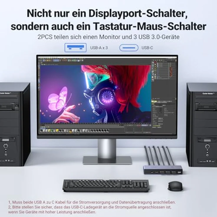 UGREEN Displayport KVM Switch DP 1.4, 8K@60Hz, 4 USB 3.0 Ports, 2 DP Kabel & 2 USB A zu C Kabel, für 1 Monitor, Tastatur, Maus, U-Disk, Drucker – Bild 3