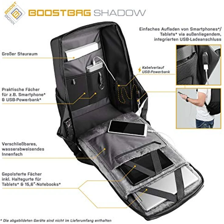 BoostBag Shadow Anti Theft Backpack - Boostboxx Anti Diebstahl Rucksack mit Fächern für Reisepass, Kreditkarte mit RFID Schutz, 15,6" Laptop/Notebook, Ipad, Tablet, Handy usw. mit TSA Schloss und USB – Bild 5