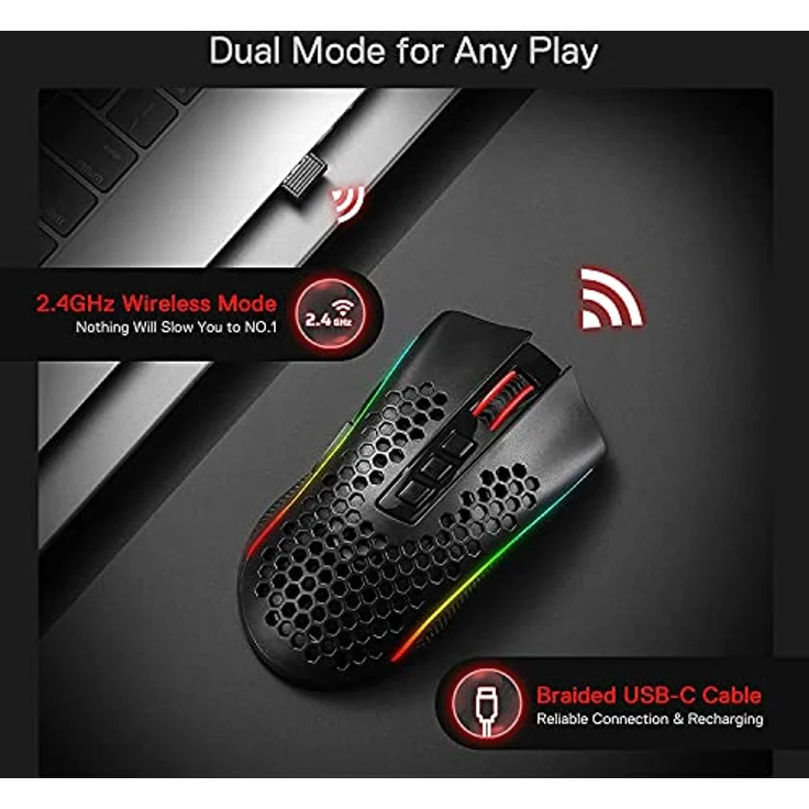 REDRAGON Storm Pro, Wireless RGB-Gaming-Maus mit PixArt PAW3335, 16.000 DPI, ergonomisches Design, lange Akkulaufzeit – Bild 3