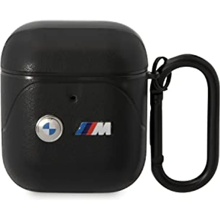 BMW BMA222PVTK, Hülle für AirPods 1/2 mit 360-Grad-Schutz, Schwarz Leather Curved Line, Schlüsselanhänger kompatibel