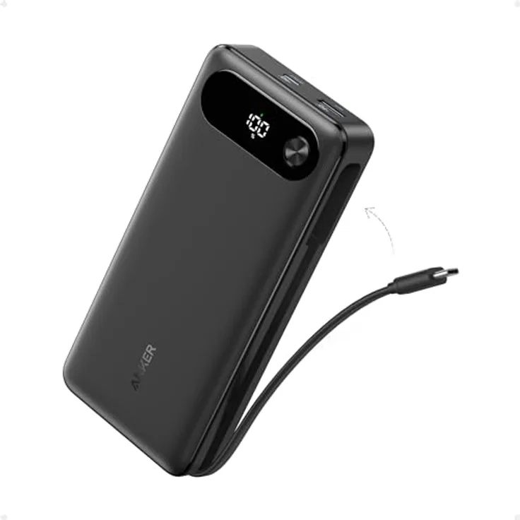 Anker Powerbank 20.000mAh, tragbares Ladegerät mit integriertem USB-C-Kabel, 87W Max Schnelllade-Akku, 2 USB-C & 1 USB-A für MacBook, iPhone 16/15/14, Samsung, Switch und mehr
