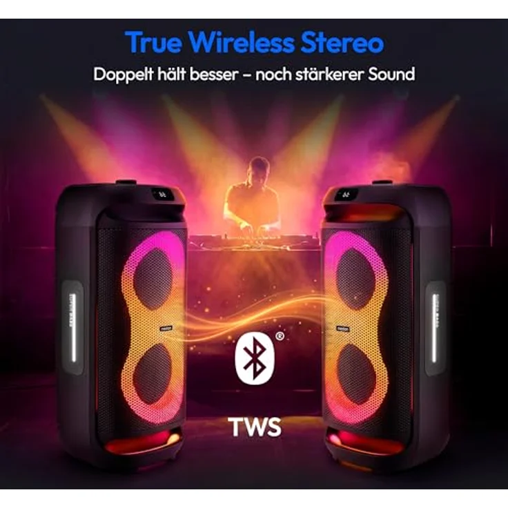 MEDION PE-2 Plus Partybox, tragbarer Bluetooth Lautsprecher mit 2 x 30 Watt RMS, 21,5 Stunden Akkulaufzeit, Mikrofon, Karaoke-Funktion und verschiedene Lichteffekte – Bild 5