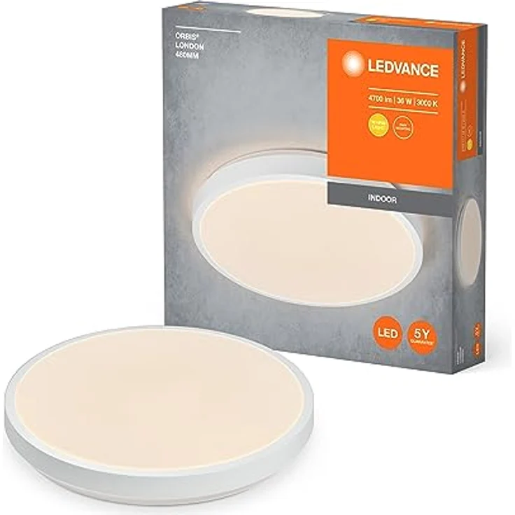 Ledvance ORBIS LONDON LED-Deckenleuchte 480mm, weiß, 36W, 4150lm, warmweiße Lichtfarbe, sehr homogene Lichtverteilung, lange Lebensdauer, fest verbautes LED-Modul, rund, IP20 Schutzklasse, 3000K – Bild 1