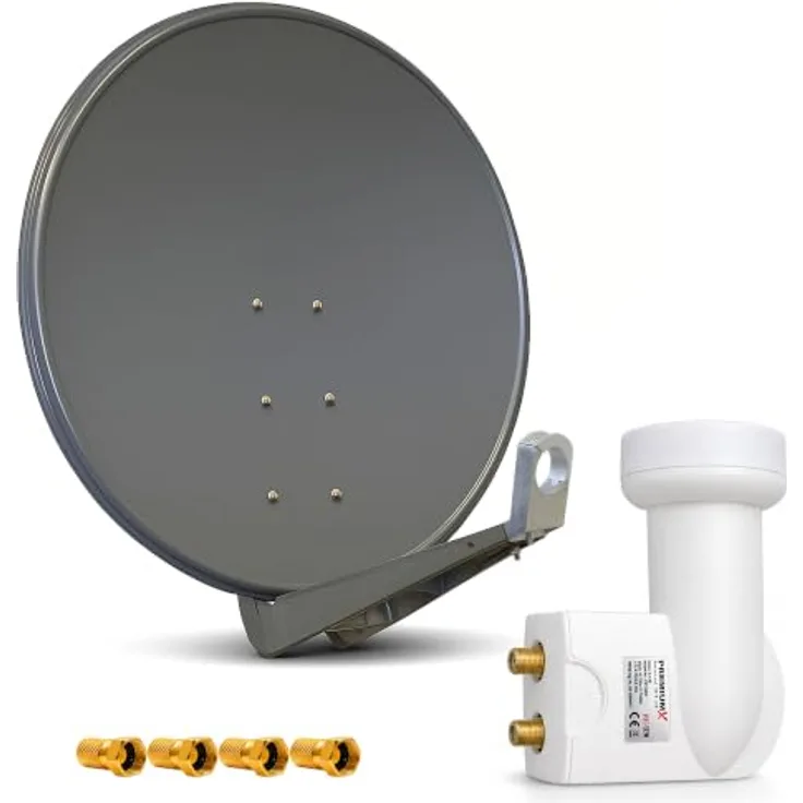 Premium X DELUXE100 Satellitenantenne 100 cm Aluminium Anthrazit, Twin LNB für 2 Teilnehmer, 4X F-Stecker, Full HD, 3DTV, 4K-ULTRA HD