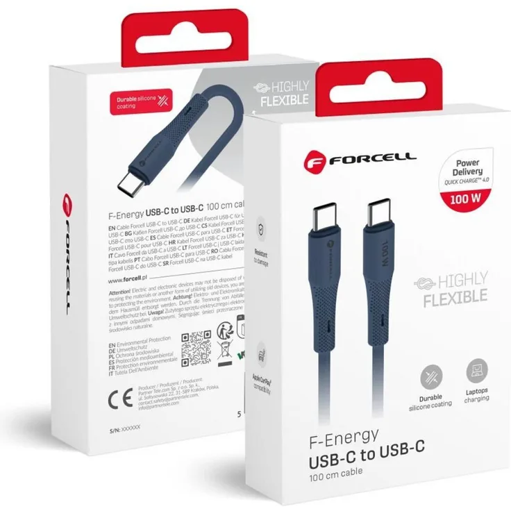 Forcell USB C Kabel C347, 100W PD 5A Schnellladekabel aus Silikon, 1m, QC4.0, dunkelblau