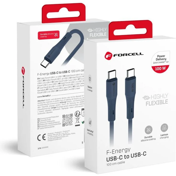 Forcell USB C Kabel C347, 100W PD 5A Schnellladekabel aus Silikon, 1m, QC4.0, dunkelblau