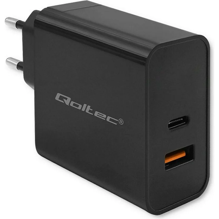 Qoltec Super Schnelles PD Ladegerät | 65W | USB-C und USB-A Anschlüsse | Schwarz