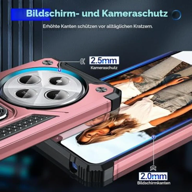 LeYi Handyhülle für Xiaomi Redmi 14C 4G/5G, Militärische Ständer Schutzhülle mit 2 Schutzfolien & 2 Kamerafolien, Stoßfest Hardcase mit 360° Metall Ring Halter, Rosegold – Bild 4