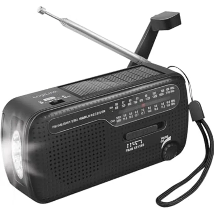 LogiLink Notfallradio 4-in-1, AM/FM, Handkurbel, Solarpanel, Powerbank-Funktion, LED-Taschenlampe, 1200 mAh Akku