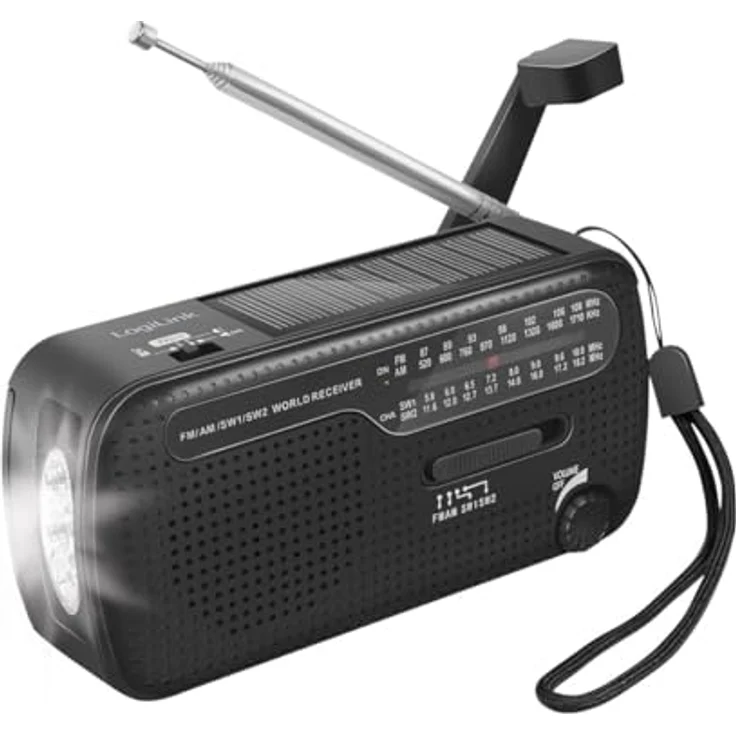 LogiLink Notfallradio 4-in-1, AM/FM, Handkurbel, Solarpanel, Powerbank-Funktion, LED-Taschenlampe, 1200 mAh Akku – Bild 1