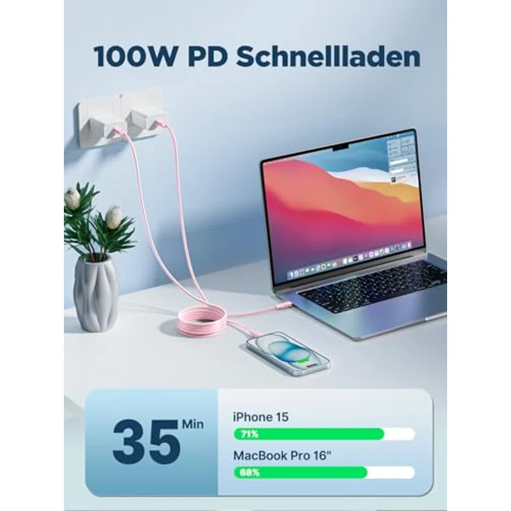 Aioneus USB C Kabel 100W, 2 Stück 2M Schnellladekabel USB C auf USB C mit 5A PD 4.0, kompatibel mit iPhone 16 Pro Max, Samsung S24, iPad Pro, Rosa – Bild 3