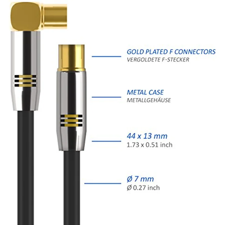 deleyCON 15m TV Antennenkabel PREMIUM HDTV Full HD - 1x gewinkelt - Koaxialkabel - TV-Stecker (gerade) zu TV-Buchse (90° Grad) - Schwarz - METALL – Bild 4