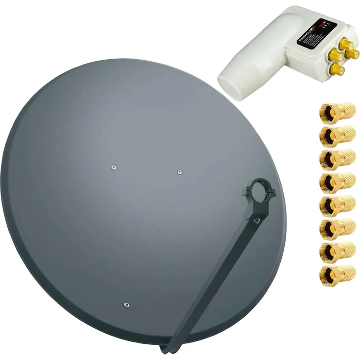 PremiumX SAT Anlage 100cm, Stahl Antenne Anthrazit mit Quad LNB und 8x F-Stecker für sicheren HDTV Empfang