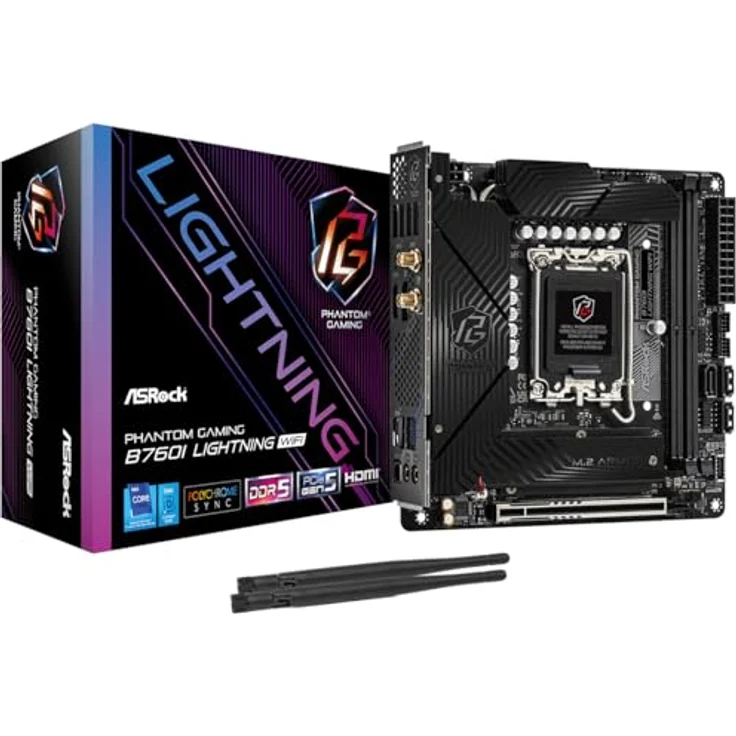 AsRock B760I Lightning WiFi Mini ITX Mainboard, DDR5, HDMI/DP, 2xD5 8600+(OC), blau – Bild 1