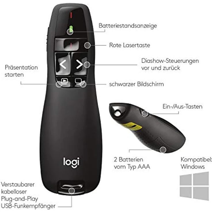 Logitech R400 Presenter, Kabellose 2.4 GHz Verbindung via USB-Empfänger, 15m Reichweite, Roter Laserpointer, Intuitive Bedienelemente, 6 Tasten, Batterieanzeige, PC - Schwarz – Bild 5