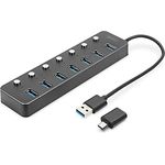 DIGITUS 7 Port USB 3.0 Hub - bis zu 5 Gbps - Ports einzeln schaltbar - inkl. USB-A auf USB-C-Adapter - Plug & Play - Aluminium Gehäuse - mit Netzteil - dunkelgrau