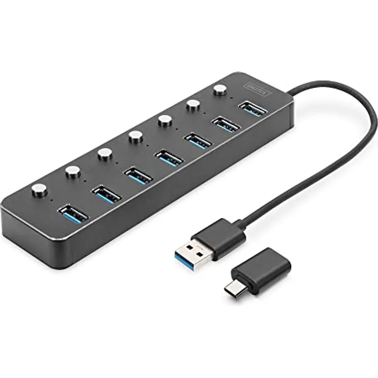 DIGITUS 7 Port USB 3.0 Hub - bis zu 5 Gbps - Ports einzeln schaltbar - inkl. USB-A auf USB-C-Adapter - Plug & Play - Aluminium Gehäuse - mit Netzteil - dunkelgrau