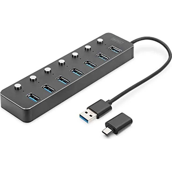 DIGITUS 7 Port USB 3.0 Hub - bis zu 5 Gbps - Ports einzeln schaltbar - inkl. USB-A auf USB-C-Adapter - Plug & Play - Aluminium Gehäuse - mit Netzteil - dunkelgrau – Bild 1
