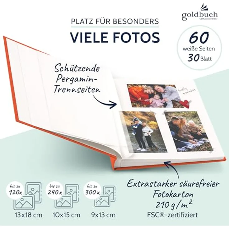 goldbuch 27 480 Bella Vista Fotoalbum, Erinnerungsalbum mit Bildausschnitt in Lachs, 30 x 31 cm, 60 weiße Seiten mit Pergamin-Trennblättern, Leineneinband in Orange – Bild 4