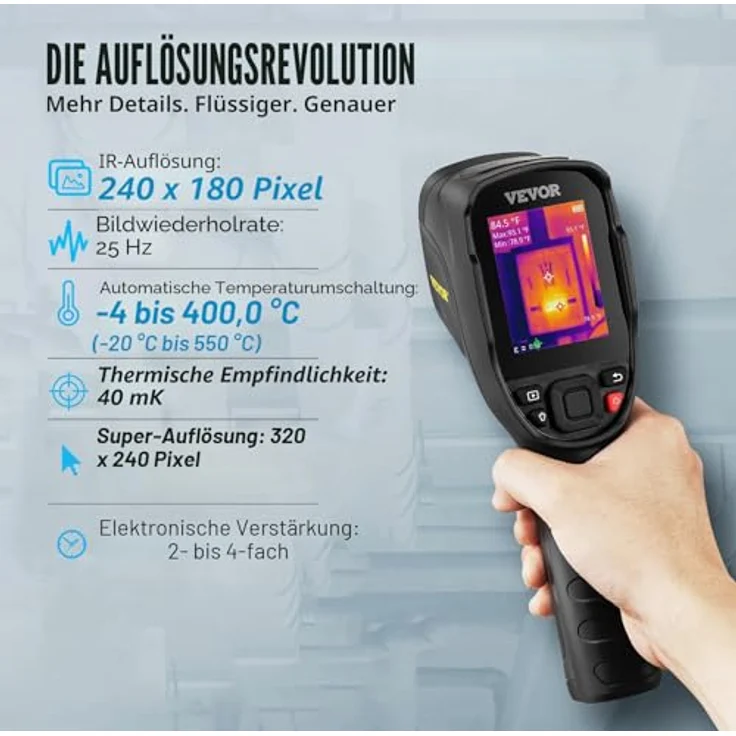 VEVOR Handheld Wärmebildkamera SC240M, 240x180 IR-Auflösung, 40mK Genauigkeit, Temperaturbereich -20-550°C, Videoaufnahme, 64GB SD-Karte, IP54 Staub- und Wasserresistenz – Bild 3