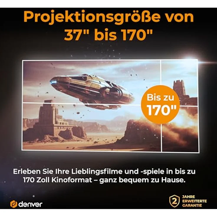 Denver PR-2500 Full-HD Projektor, 175 Lumen, 2500:1 Kontrast, HDMI, Bluetooth 5.0, flexible Projektion 37"-170" – Bild 4