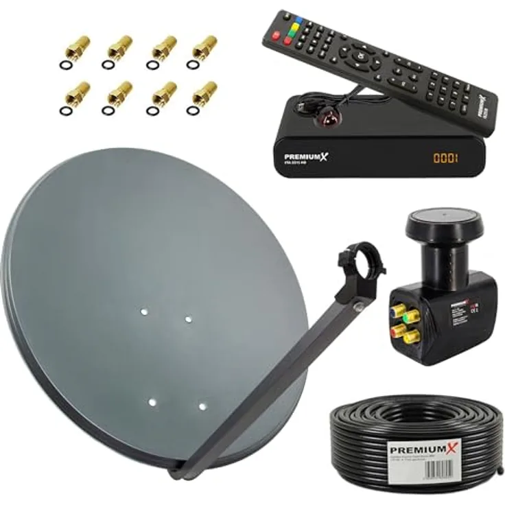 PremiumX SAT Anlage 60cm Aluminium Antenne, Quad LNB, 50m Kabel, Digital Receiver, dunkel-grau