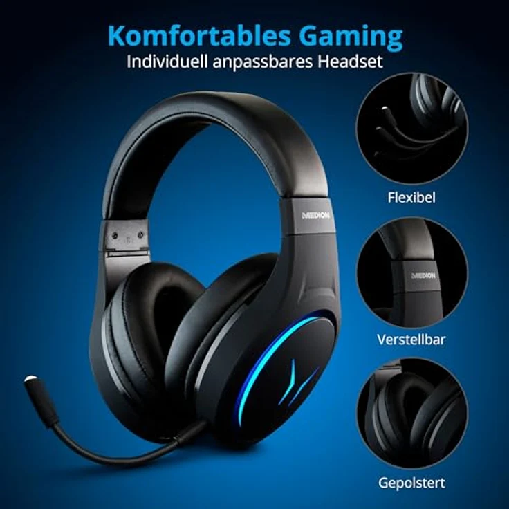 MEDION ERAZER Mage X10 Wireless Gaming Headset, Over Ear mit RGB-Beleuchtung, integriertem Akku und Mikrofon, 40 mm Lautsprecher, USB und 3,5 mm Anschluss – Bild 5