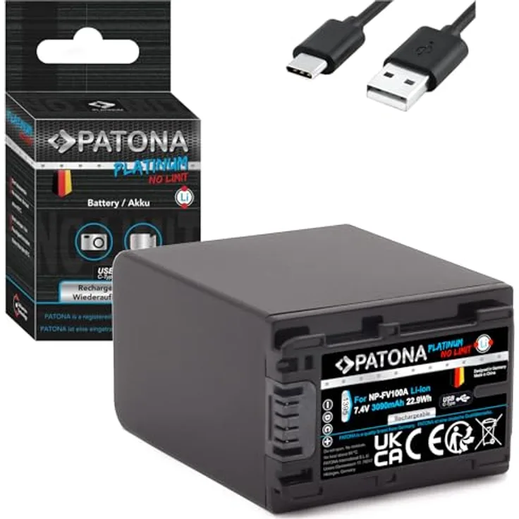 PATONA Platinum NP-FV100A USB-C Akku 3090mAh mit direktem USB Eingang, kompatibel mit Sony HDR CX625 CX730 und weitere Modelle