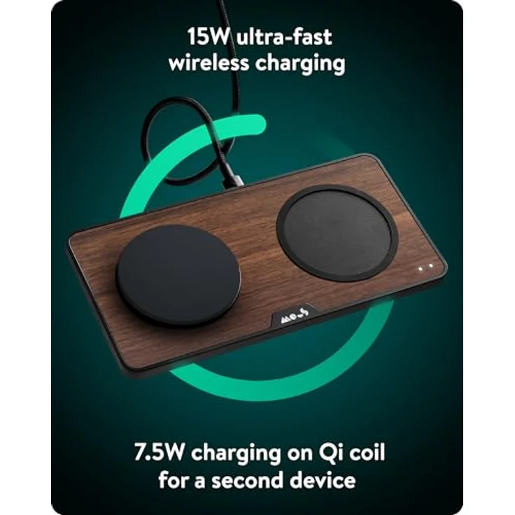 Mous Dual-Ladestation, Qi2 bis 15 W Schnellladung, MagSafe-kompatibles Ladegerät, USB-C-Kabel, Walnuss – Bild 2