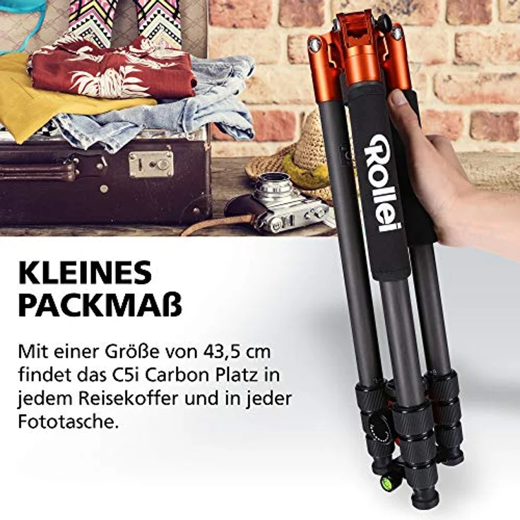 Rollei C5I I Orange I leichtes Foto-Stativ aus Carbon I Reise-Stativ mit Kugelkopf und Stativtasche I Verwendbar als Macrostativ, Einbeinstativ-Monopod und Ministativ I Arca Swiss Platte – Bild 2