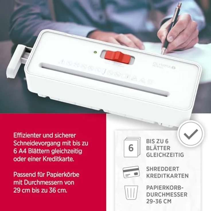 OLYMPIA PS 16 Pro Aktenvernichter, Streifenschnitt P-2, 6 mm, für bis zu 6 Blatt, weiß, mit Rücklauffunktion und Overheat-Schutz – Bild 3