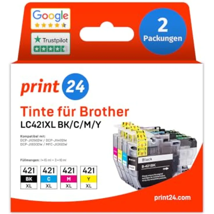 print24 LC421XL Tintenpatrone, 2er Pack, kompatibel mit Brother, Cyan, Magenta, Gelb, Schwarz, bis zu 500 Seiten