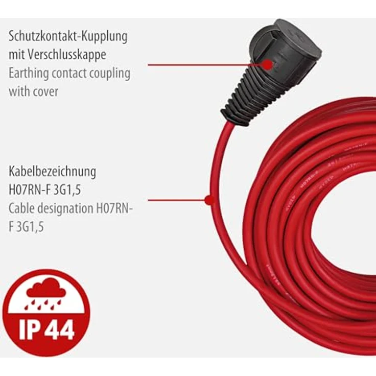 Brennenstuhl Baustellen-Verlängerungskabel (Outdoor-Verlängerungskabel mit 25m Kabel in rot, ölbeständig, für den ständigen Einsatz im Außenbereich IP44) – Bild 2