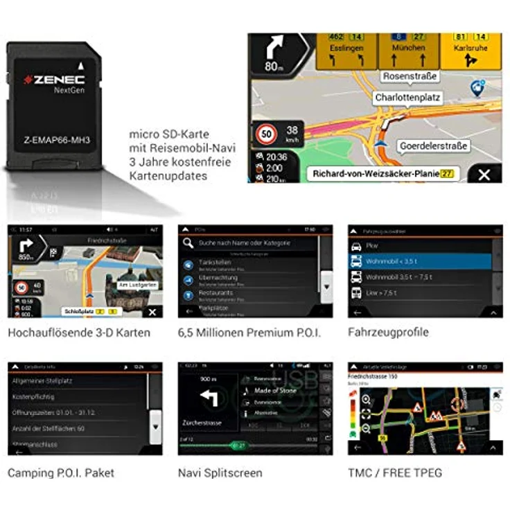 Zenec Z-EMAP66-MH3 Z-XXX66 Camper-Navisoftware, 3 Jahre Updates, 16 GB microSDHC, Karten für 47 Länder, 3-D Darstellung, über 6,5 Millionen P.O.I. – Bild 3