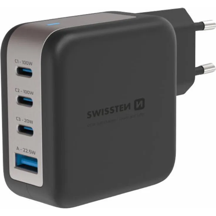 Swissten Reiseladegerät Gan 100W, 4-fach USB-Ladegerät mit 3x USB-C und 1x USB-A, sicher und kompakt