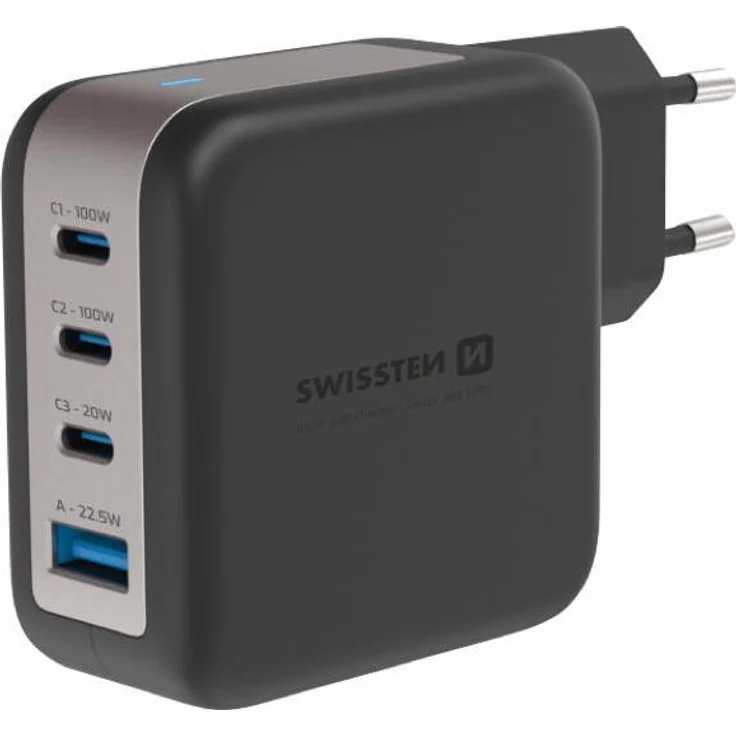 Swissten Reiseladegerät Gan 100W, 4-fach USB-Ladegerät mit 3x USB-C und 1x USB-A, sicher und kompakt