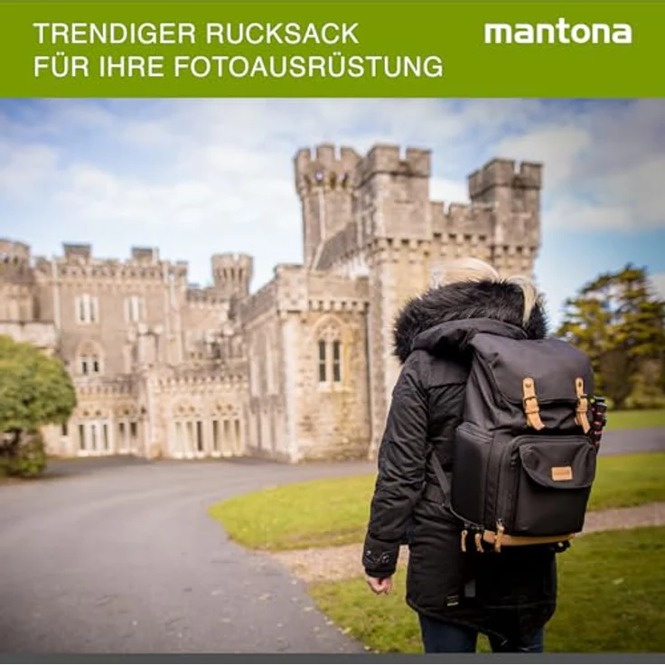 Mantona Luis junior Retro Fotorucksack (mit Echtleder-Applikationen, inkl. Regenschutzhülle, flexible Einteilung und Tablet-Fach für 1x DSLR-Kamera, 1-2 Objektive und diverses Fotozubehör) schwarz – Bild 3