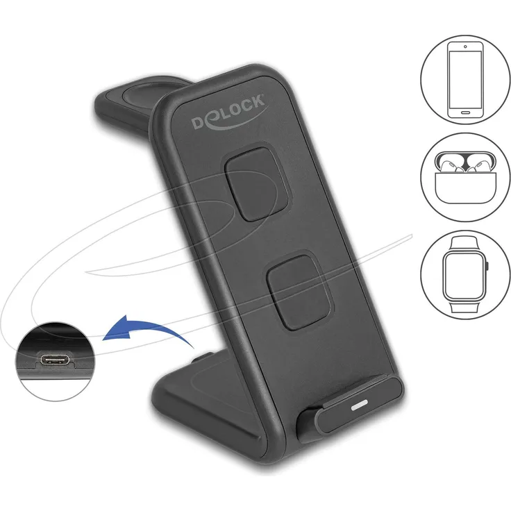 Delock Wireless Charger 3 in 1, Induktive Ladestation mit 2 Ladespulen bis zu 15 W, Schwarz