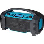 MEDION E66050 DAB+ Baustellenradio (Integrierter Akku, IP54 Schutz gegen Spritzwasser & Staub, USB-Ladefunktion, Bluetooth 5.0, PLL UKW Radio, LED-Arbeitslicht, Akku- oder Netzbetrieb) blau