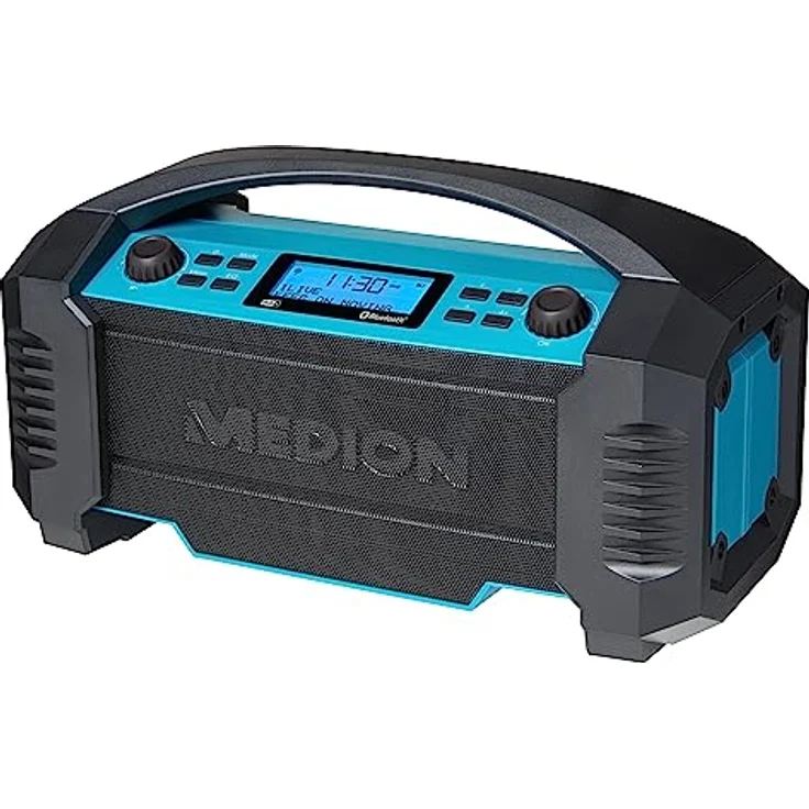 MEDION E66050 DAB+ Baustellenradio (Integrierter Akku, IP54 Schutz gegen Spritzwasser & Staub, USB-Ladefunktion, Bluetooth 5.0, PLL UKW Radio, LED-Arbeitslicht, Akku- oder Netzbetrieb) blau – Bild 1