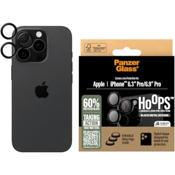 PanzerGlass HOOPS Kamera-Objektivschutz für Apple iPhone 16 Pro / 16 Pro Max 2024, ultrahochklares Glas, vollständige Abdeckung, kratzfest, Anti-Fingerabdruck, Schwarz – Bild 1