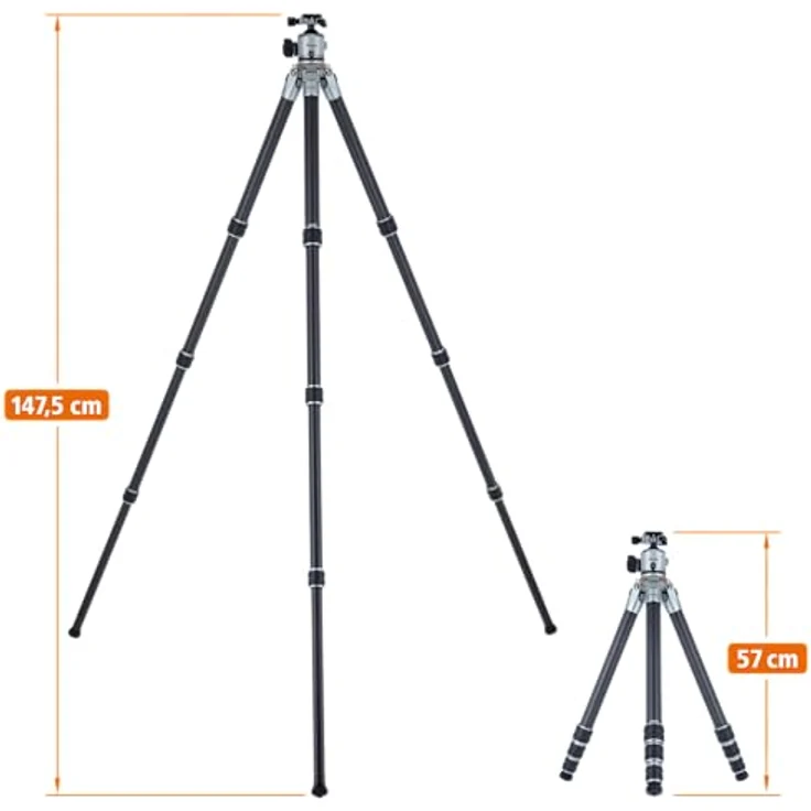 Rollei Lion Rock Pro Carbon-Stativ inkl. Stativkopf – Ultraleicht, Hohe Tragkraft 20 kg, Verstellbare Höhe bis 147,5 cm, Kompaktes Packmaß, Wechselbare Spikes, Carbon, Schwarz – Bild 3