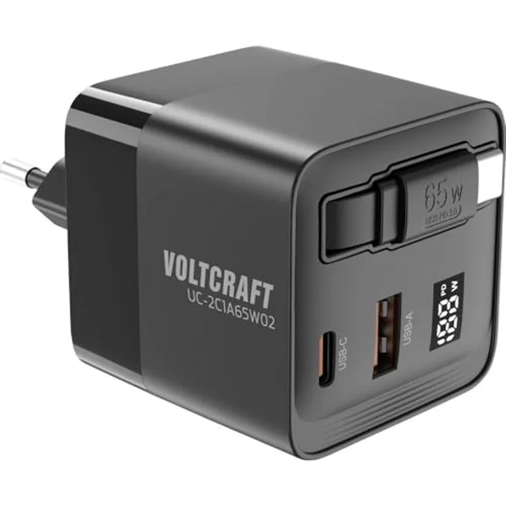 Voltcraft UC-2C1A65W02 USB-Ladegerät 65 W USB-C®, USB-A 3 x GaN, aufwickelbares USB-C®-Kabel, Schnellladegerät mit PD3.0 - Schwarz