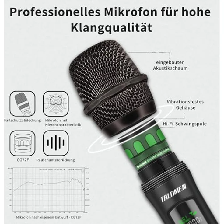 talomen Professionelles kabelloses Quad-Mikrofonsystem K604, 2,4 GHz, dynamisches Karaoke-Mikrofon, wiederaufladbar, Silber, Schwarz, Grün, Violett – Bild 3