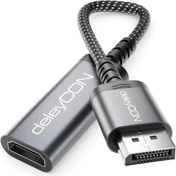 deleyCON 4K DisplayPort zu HDMI Adapter, Unidirektional mit 4K @60Hz, 1080p @240Hz und 1440p @165Hz, für Gaming PC und HDMI Monitor/TV/Beamer