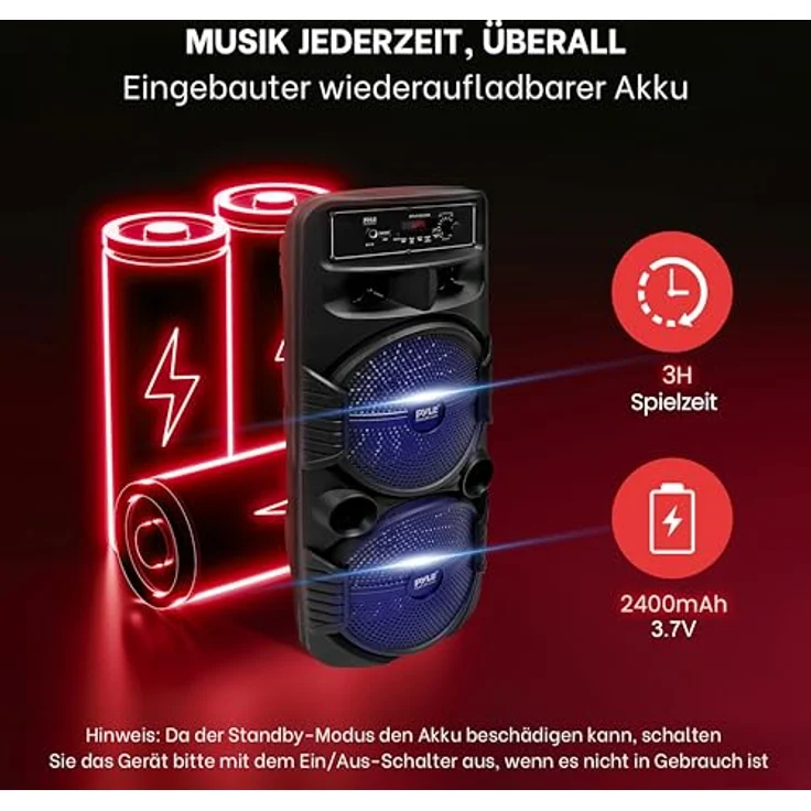Pyle Partybox, Bluetooth Lautsprecher 600W mit Disco-LED Lichteffekten und 3 Eingängen – Bild 6